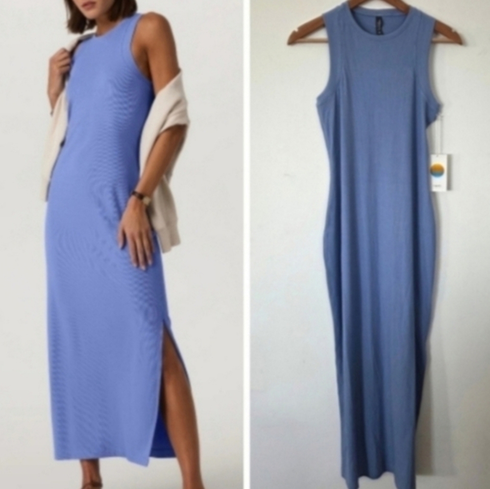 Vuori Women's Pose Modern Dress Bluebell NWT Ribbed Modal Rayon Maxi